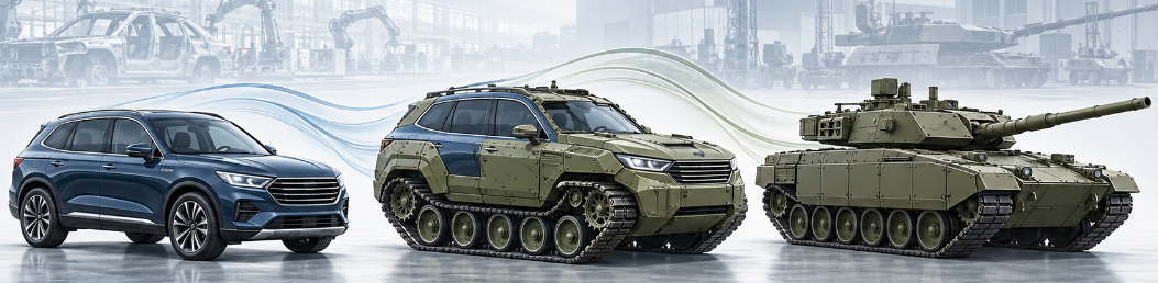 Symbolische Illustration des Wandels vom Automobilbau zur Verteidigungstechnik